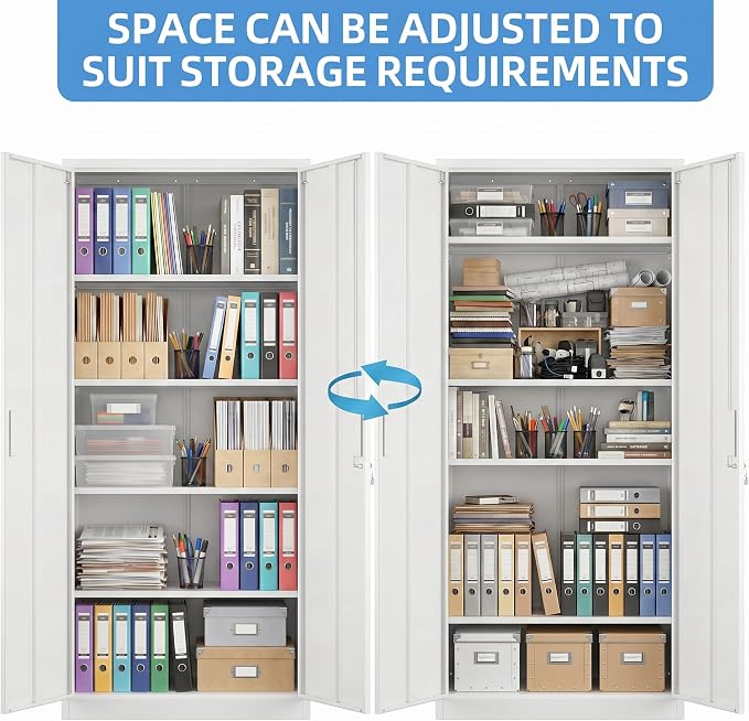 71-Inch White Metal Storage Cabinet with Locking Doors | Four adjustable shelves organize tools, files, pantry supplies, and office items in a tall freestanding cabinet.