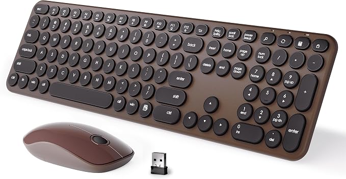 MPTOG Wireless Keyboard and Mouse Combo (Black Coffee) | Retro Round Typewriter Keys, 2.4G Silent Connection, Ergonomic Aesthetic Desk Set for Home Office, Laptop, PC, Mac