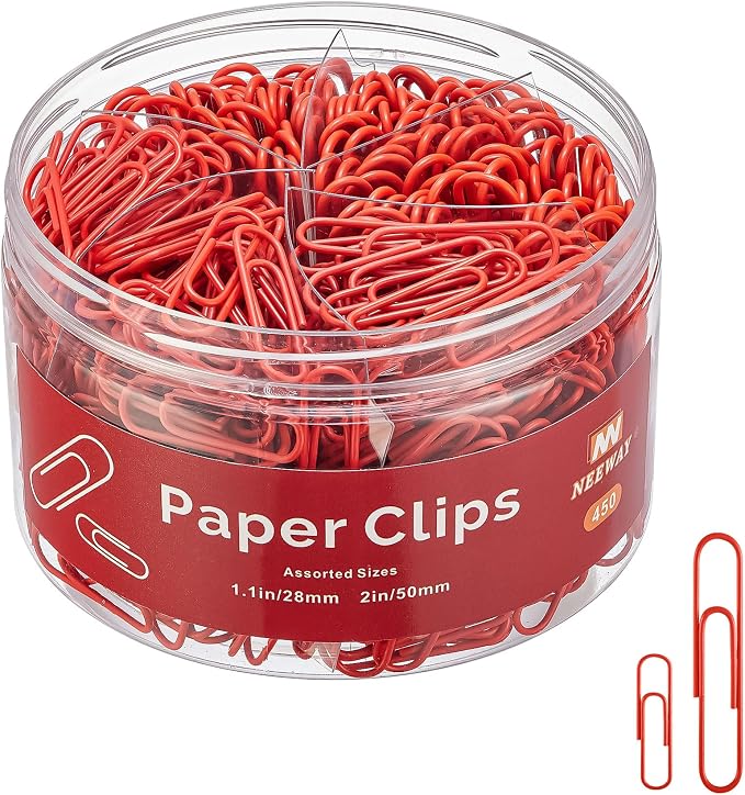 NEEWAY 450pcs Paper Clips Assorted Sizes, Small and Large Paper Clips (1.1 inch, 2 inch), Coated Paperclips for Office School Document Organizing (Red)