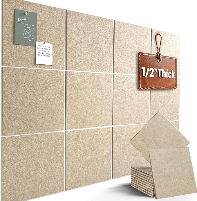 48" x 36" Large Felt Bulletin Board 1/2" Thick, Tan | 12 Pack Felt Tiles, Cork Board Alternative, 60 Adhesive Tabs, Pin Board for Home Office Decor with Easy Install