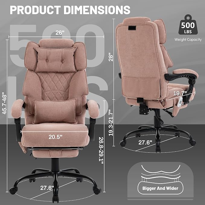 Massage Office Chair with Foot Rest,6 Points Vibration & Heat Executive Office Chairs for Heavy People,500LBS Big and Tall Office Chair,Ergonomic Reclining Desk Chair, PinkCloth