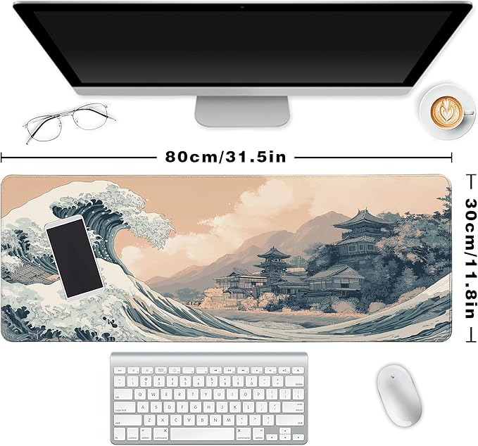Long Gaming Mouse Pad Extended Anime Large Desk Pad with Non-Slip Base Full Keyboard Mat with Stitched Edges for Gaming and Office 31.5 x 11.8 inches (Town Wave)