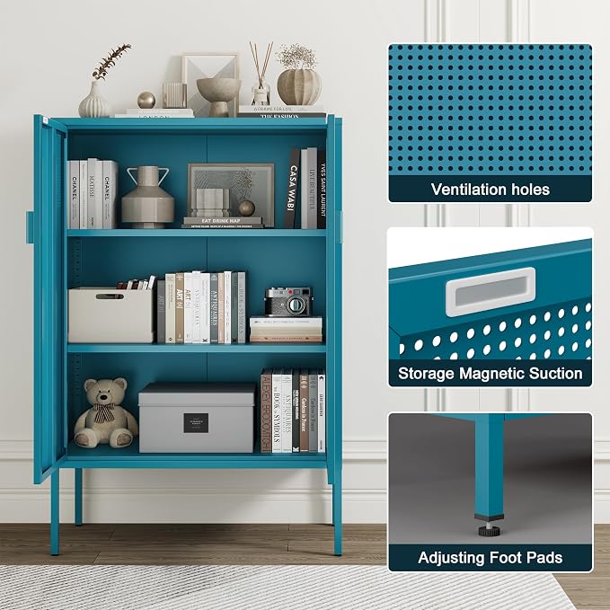 Chshin Metal Storage Cabinet,Kitchen Pantry Storage Cabinets with Doors,Buffet Cabinet with 2 Adjustable Shelves,Blue Pantry Cabinets,Steel Sideboard for Home,Shoes,Office,Dining Room