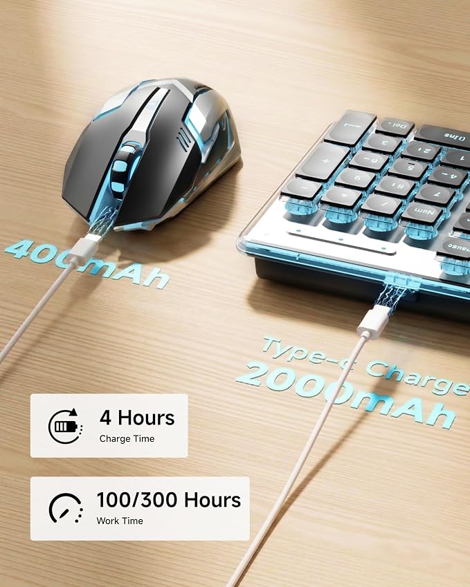 Wireless Keyboard and Mouse Combo with White Backlit Pudding Keycaps, Bluetooth & 2.4G, 2000mAh Rechargeable, Full Size, Metal Panel Quiet Computer Keyboard Set for Windows PC Desktop - Black