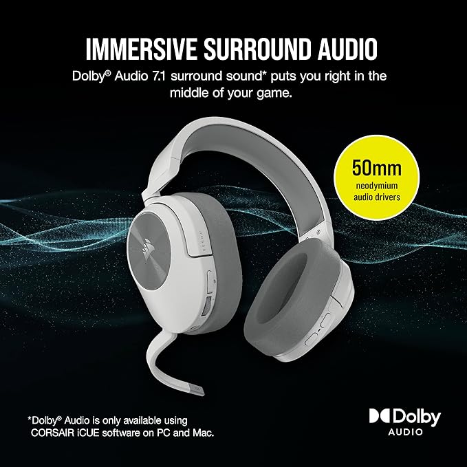 Corsair HS55 Wireless Multiplatform Lightweight Gaming Headset with Bluetooth - Dolby 7.1 Surround Sound - iCUE Compatible - PC, PS5, PS4, Nintendo Switch, Mobile - White