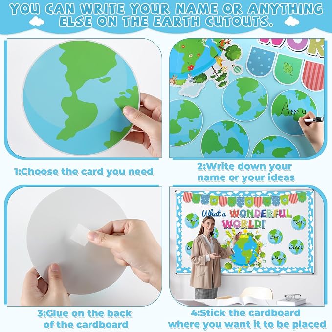Earth Bulletin Board Set What A Wonderful World Classroom Bulletin Board Decorations Earth Name Tag Cutouts Classroom Decorations for Back to School Teachers Office Chalkboard Decor Wall Door Supplies