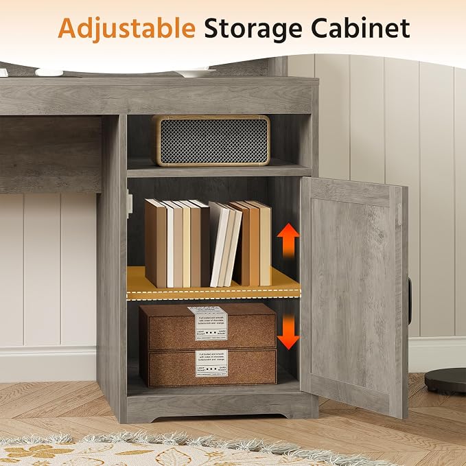 63" Farmhouse Computer Desk with 4 Drawers for Home Office, Bedroom | Executive Desk with Printer Shelf, Monitor Stand, Home Office Desks with Power Outlets, Storage Shelves, Grey