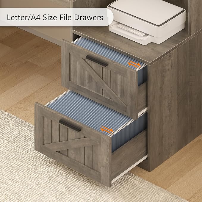 63" Farmhouse L Shaped Desk with Drawers and Printer Stand for Home Office | Computer Desk with Power Outlet, Home Office Desk with Storage Shelves and Monitor Stand, Gray
