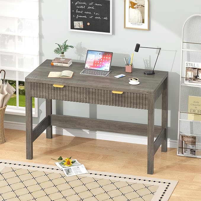 39 Inch Small Fluted Computer Desk with 2 Drawers for Bedroom, Home Office | Small Computer Desk with Storage, Compact Writing Study Desk for Small Spaces, Grey