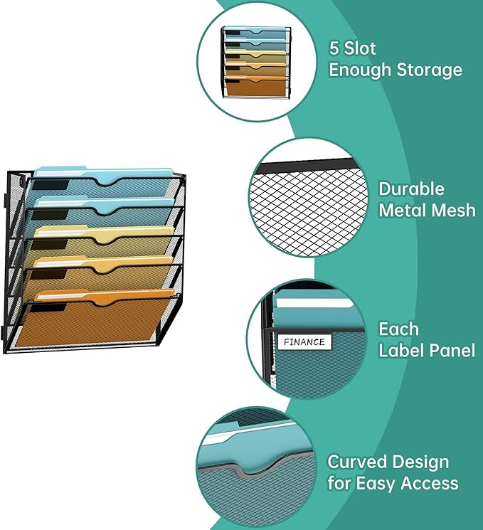 SUPEASY Wall File Organizer Mesh Office Mail Holder, Hanging Wall Organizer Magazine Rack for Office Black, 5 Tier, 2Pack