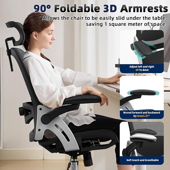 Fizzin Office Chair Mesh Desk Chair with 3D Armrests Computer Chair | Ergonomic Office Chair with Adjustable Lumbar Support and Headrest 125° Tilt and Wide Mesh Cushion High Back Home Desk Chair