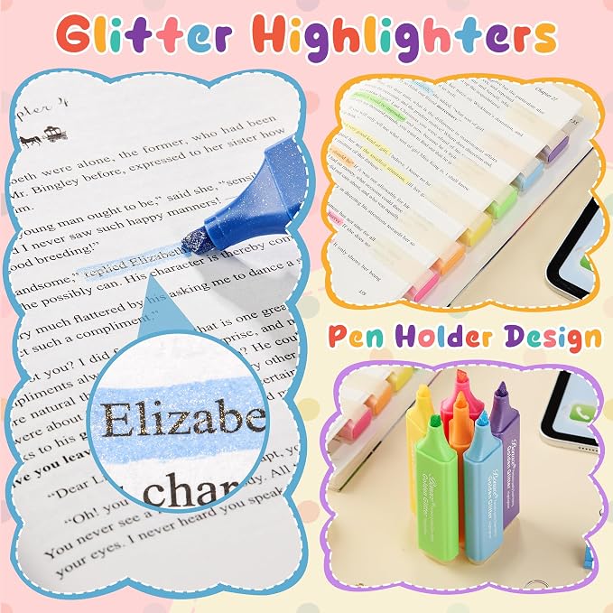 Glitter Highlighters, 6 Assorted Colors Quick-Dry Chisel Tip | Metallic Shimmer Finish | Water-Based for Journaling, Studying & Creative Projects