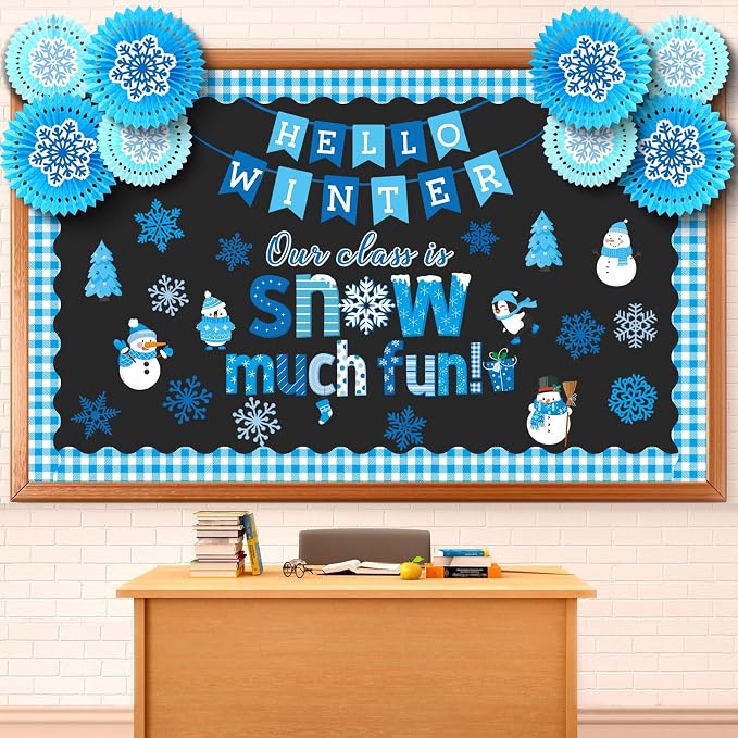 79 Pcs Winter Bulletin Board Set with 3D Paper Fans | Winter Classroom Decorations, Hello Winter Snowman Snowflake Xmas Tree Cutouts, Winter Christmas Holiday School Home Decor