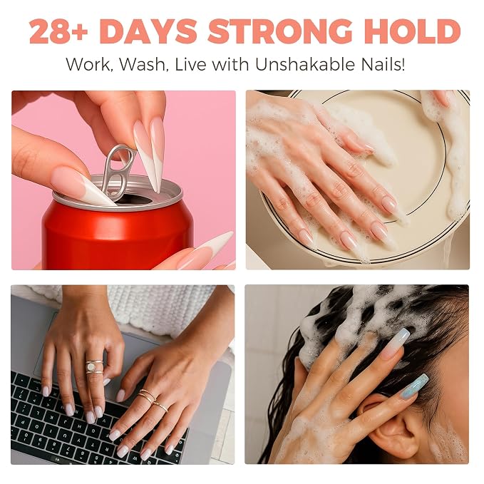 Soft Gel Nail Tips Glue, 4 in 1 40ml Super Strong Nail Glue for Press ons, 28 Days Long Last Solid Glue Gel Soak Off for Acrylic Fake Nails Extension Lamp Curing Needed