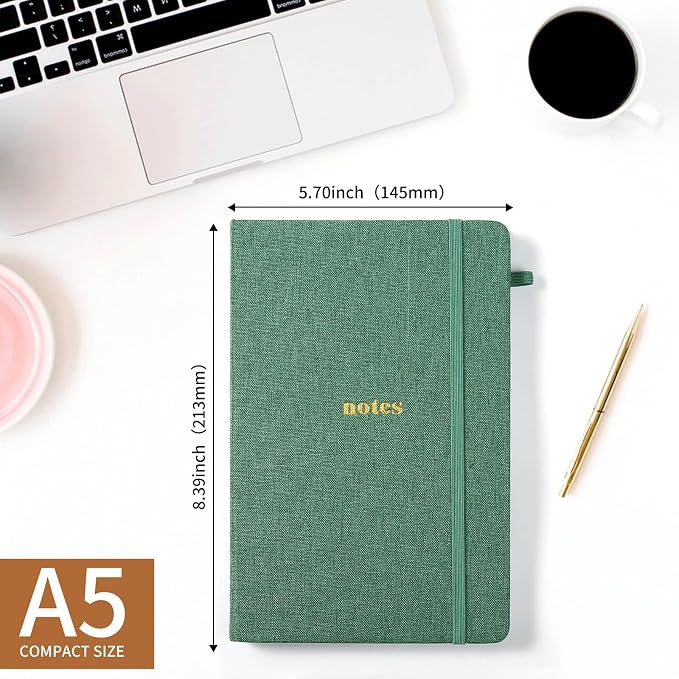 A5 Lined Journal Notebook, Fabric Hardcover | 100GSM Paper 160 Pages, 5.7"x8.39" College Ruled Journaling, with Elastic Band & Pen Loop, for Work, School (Dark Green)