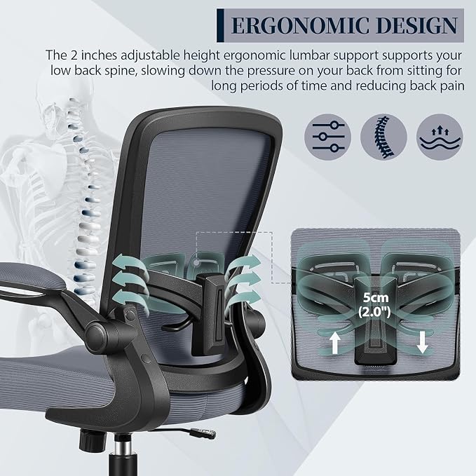 FelixKing Office Chair, Ergonomic Comfy Desk Chair with Flip-up Armrests | Adjustable Height, 360°Swivel, Flexible Tilt, Breathable Cushion and Fabric, Lumbar Support for Home Office, Dark Grey