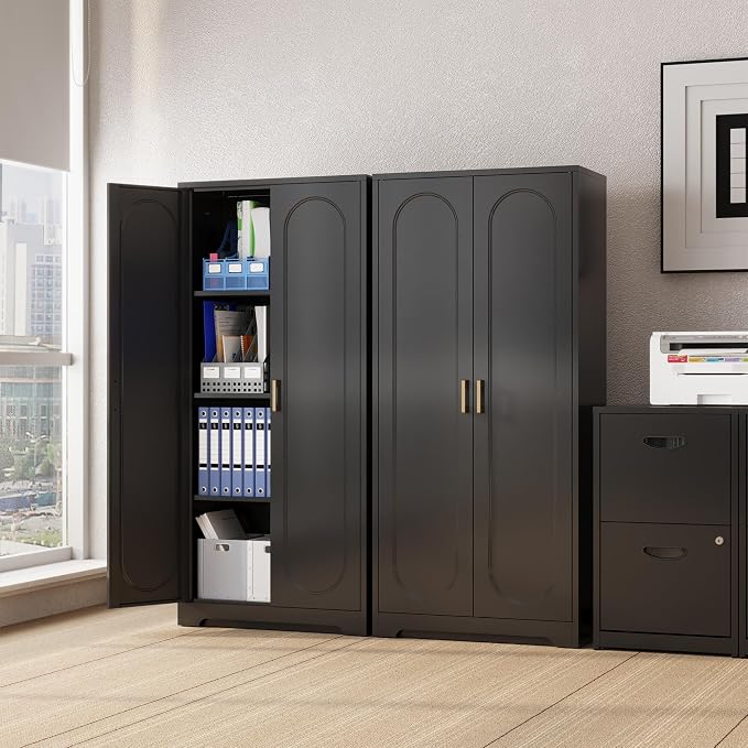 Steeloong 60"Metal Pantry Storage Cabinet with Doors & 3 Adjustable Shelves | Kitchen Pantry Cabinet,Black Kitchen Cabinet with 2 Gold Handles,Tall Cabinet for Livingroom,Pantry, Bathroom,Kitchen