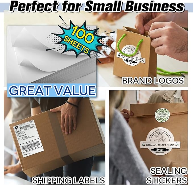 Koala 100 Sheets Sticker Paper for Regular Labels, Matte White, 8.5x11 Inch Printable Full Sheet Label Paper for Inkjet & Laser Printers