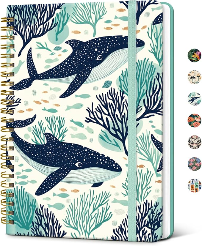 Pretty Spiral Journal for Women, Lined Hardcover Notebook, 5.8" x 8.3" | For Work and Note Taking, College Ruled Pages, Cute Journal for Writing, 140 Pages, Drifting Whales