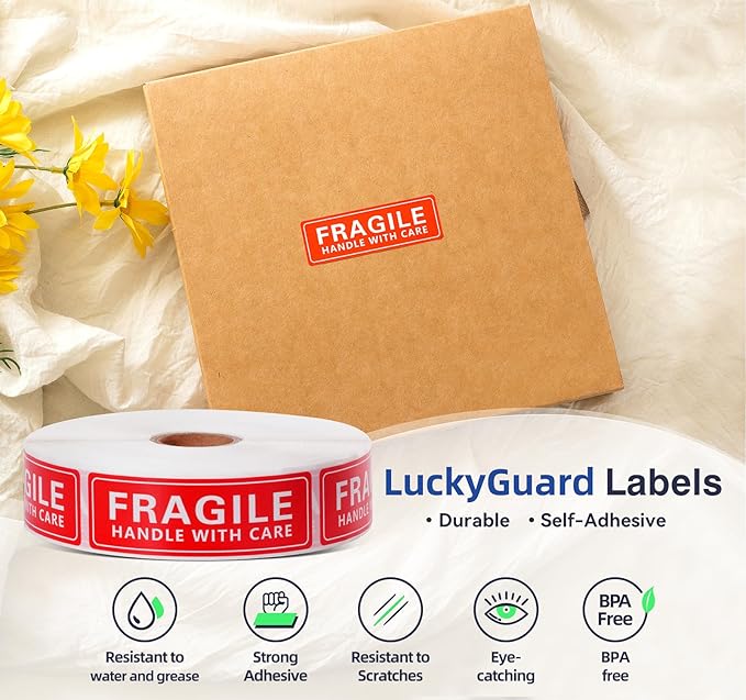 1 x 3 Inch Handle with Care 1000 Permanent Adhesive Fragile Stickers for Shipping Moving Glass Labels (1 Roll, 1000 Labels)
