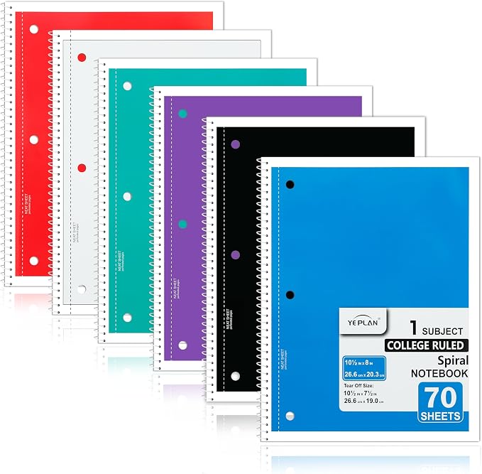 Yeplan Spiral Notebooks 6 Pack, College Ruled Notebook Paper, 1 Subject Notebook for School & Work, 8" x 10-1/2", 70 Sheets per Notebook, 6 Assorted Colors