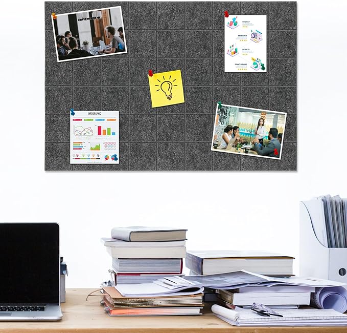 Large Square Felt Cork Board Tiles, Self Adhesive DIY Felt Bulletin Board Pin Board with 35 Pushpins for Office School Home Wall Decor Stickers Memos Photos Display (Deep Grey)