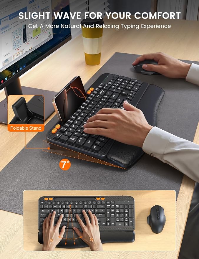 Ergonomic Wireless Keyboard and Mouse Combo with Wave Key | Leather Soft Palm Rest, Rechargeable, 4-Level DPI, Phone Holder, 2.4GHz, MA22 Plus Full Size Set for PC, Laptop, Windows, Mac