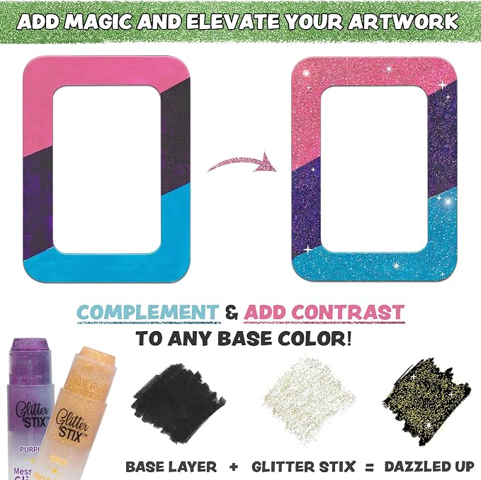 Glitter Stix Mess-Free Glitter Sticks, Set of 12 Colors - Solid Shimmer Topcoat for Coloring Pages, Crafts & Art Projects, No Loose Glitter or Glue, Pairs with Kwik Stix Paint Sticks for Kids