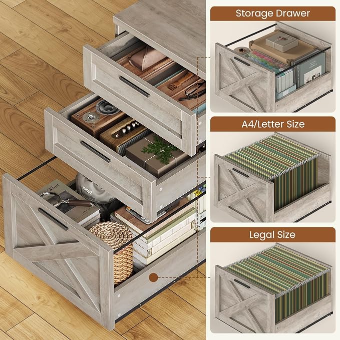 SEDETA 55.1" Farmhouse Desk with Hutch & 3 Storage Drawers | Executive Computer Desk with Storage Cabinet and Shelves, Home Office Desk with power outlet & LED Lights,Grey