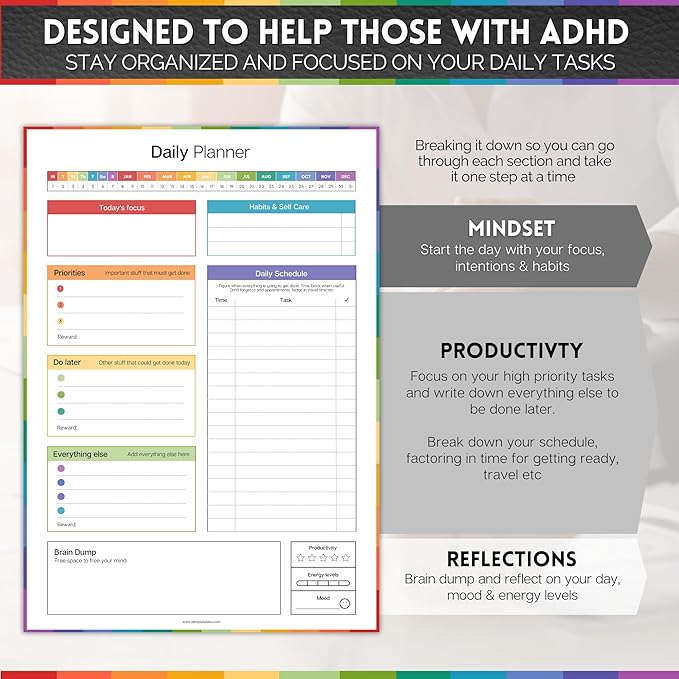 ADHD Daily Planner Notepad for Neurodivergent Adults - Productivity Daily Planner Desk Pad & Task Management to Stay Organized and Focused Note Pad | A4 (Colorful, A4 Portrait)