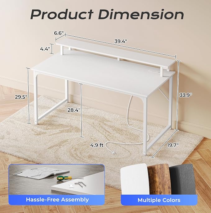 40 inch Gaming Desk, LED & Power Outlets, Monitor Stand, White | Sturdy PC Desk for Home Office, Study & Work, LED Lights, 4 AC Outlets & USB-C Charging Station