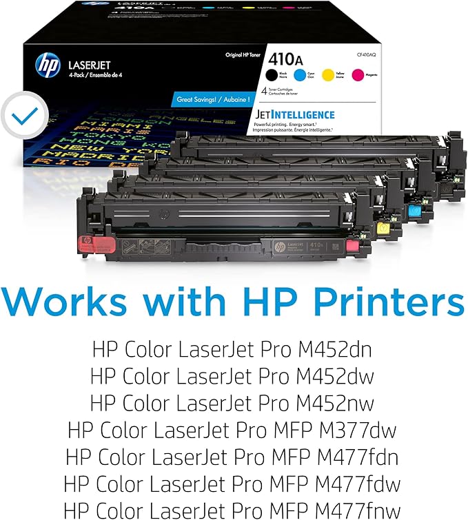 HP 410A Black, Cyan, Magenta, Yellow Toner Cartridges Printers (4-Pack) | Works with Color LaserJet Pro M452 Series; Color LaserJet Pro MFP M377, M477 Series | CF410AQ
