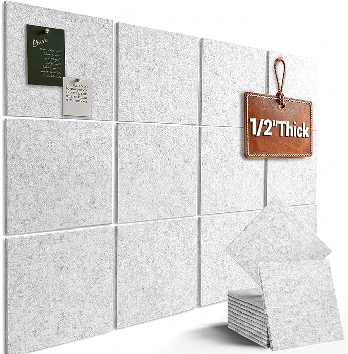 48" x 36" Large Felt Bulletin Board 1/2" Thick, Light Gray | 12 Pack Felt Tiles, Cork Board Alternative, 60 Adhesive Tabs, Pin Board for Home Office Decor with Easy Install