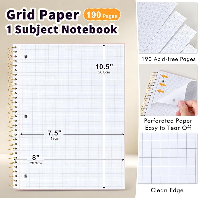 Spiral Notebook Graph Ruled Paper 8" x 10 1/2", 1 Subject Spiral Grid Notebook 3-Hole Punched Perforated Page Ideal for School, Office, Writing, 95 Sheets Lined Journaling Graphing Notebook, Pink