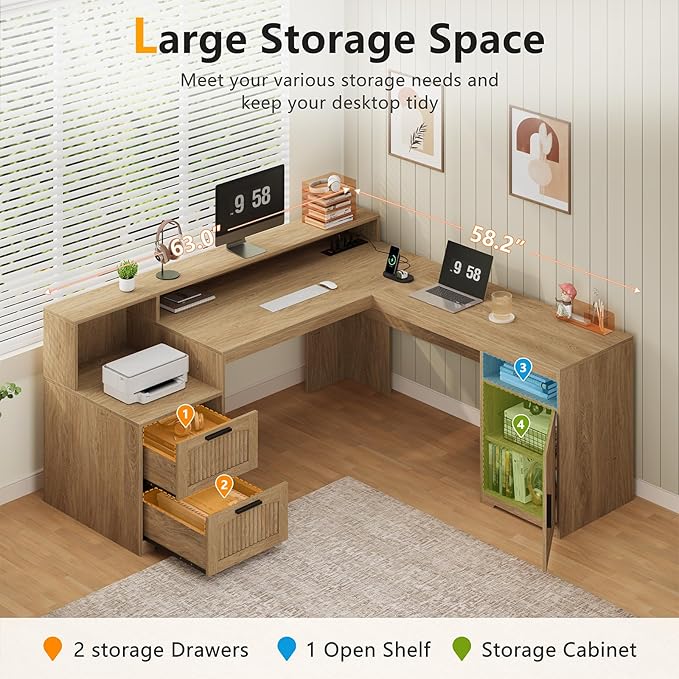 63" Fluted L Shaped Desk with Drawers & Printer Shelf for Home Office | Corner Computer Desk with Storage, Power Outlets, L Shaped Office Desk with Monitor Stand, Printer Shelf, Oak