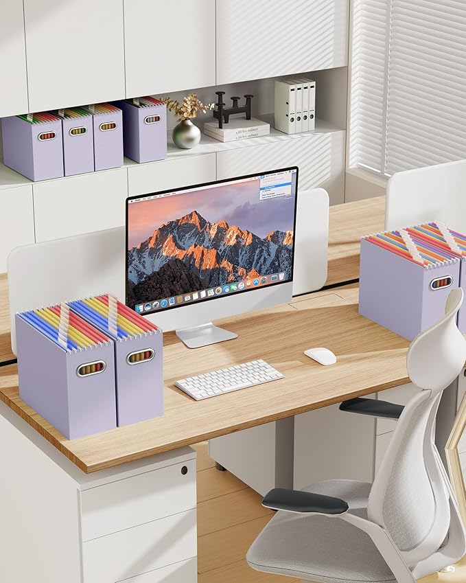 Portable Collapsible Cardboard File Box with Handle for Letter-Size | 8-Pack. Stainless Steel Handle. Label Stickers Included. Fits Letter Folders (Not Included). Home, Office, School, Dorm, Tax.