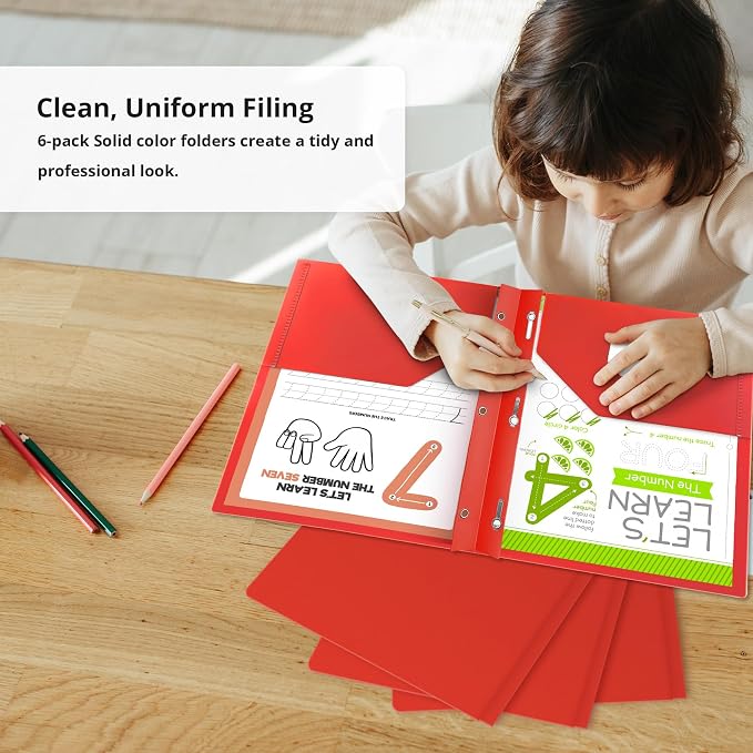 Taja Plastic Folders with Pockets and Prongs (6 Pack, Red), 2-Pocket Poly Folders with 3 Hole Punch and Business Card Slot, Fits Letter Size Paper, for School, Office, or Home Use