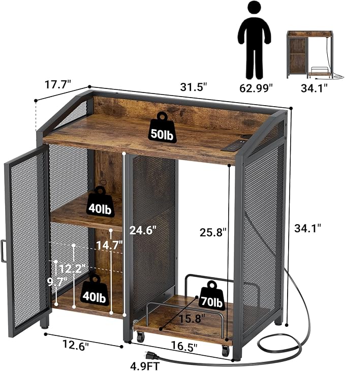 Unikito Large Printer Stand with Power Outlet and Adjustable Storage | Printer Table With Paper Shredder Stand On Wheel, File Cabinet with PC Tower Shelf for Home Office, Rustic Brown