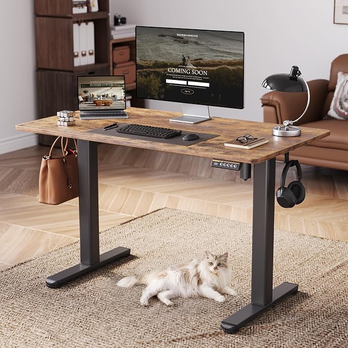 Claiks Electric Height Adjustable Standing Desk, 55x24 Inch, Rustic Brown | Smooth Height Adjustment, 3 Memory Presets, Cable management hub & hook, Stable Steel Frame, 156 lbs Capacity, Easy Assembly