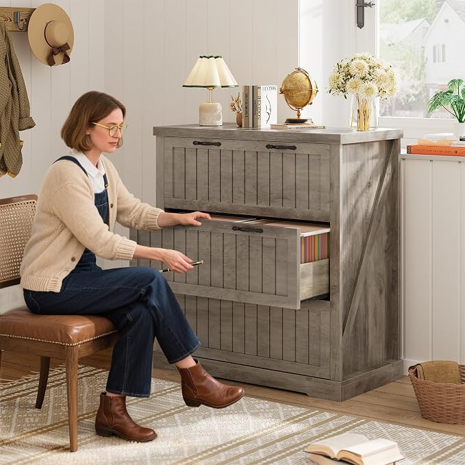 SEDETA File Cabinet for Home Office, Farmhouse 3 Drawer Filing Cabinet, Wood Office File Cabinets for Letter/Legal/A4 Size, Lateral File Cabinets with Printer Stand, Grey