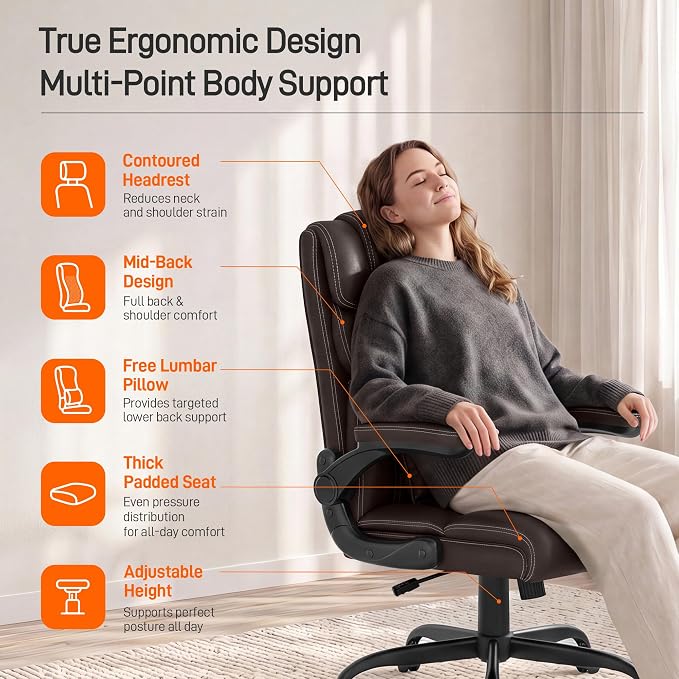 Office Chair, Executive Mid-Back Computer Desk Chair with Flip-up Armrests | 300 Lbs Ergonomic Leather Swivel PC Chair with Rock Function for Working Studying (Coffee)