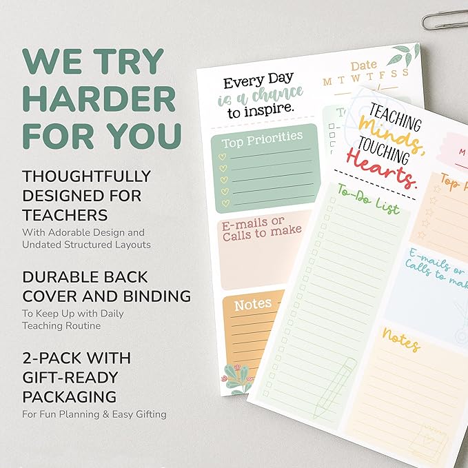 Decorably 2-Pack 50 Sheets Minimalist Undated Teacher To Do List Notepad, 5.5x8.5in Spring-Bound, Easy Tear-Off Design, with Top Priorities, Daily Focus, Contacts, Notes - Home, School