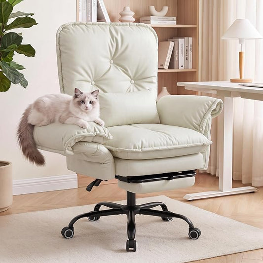 Criss Cross Office Chair with Flip Arms & Footrest, Comfy Desk Chair,Beige | Cross Legged Office Chair, Wide Seat Reclining Desk Chair with Wheels, Vanity Chair with Pocket Spring Seat and Side Pockets