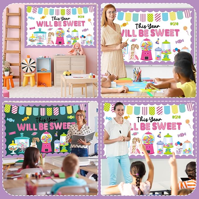 Candy Bulletin Board Set Sweet Theme Classroom Bulletin Board Decorations Pink Gumball Machine Cutouts Classroom Decorations for Back to School Office Home Chalkboard Decor Wall Door