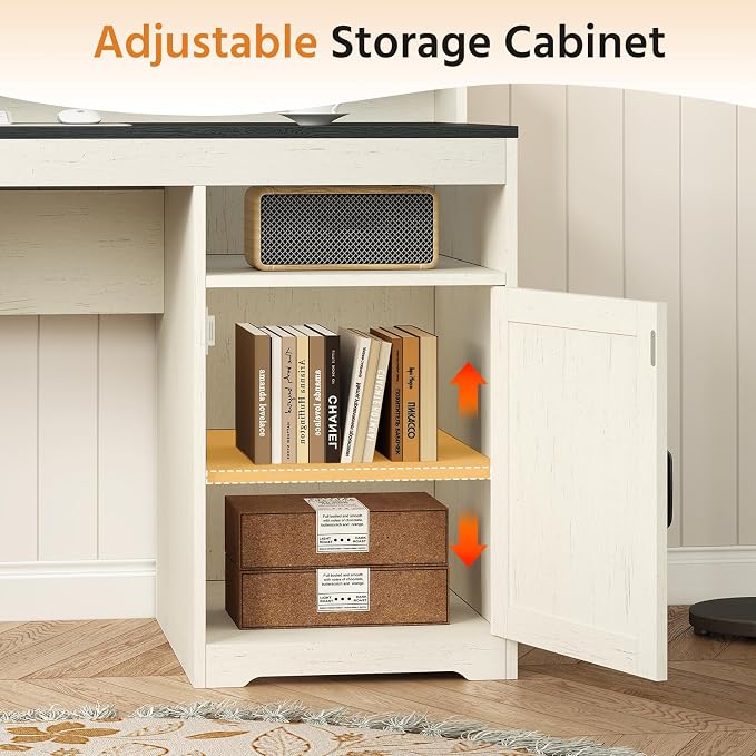 63" Farmhouse Computer Desk with 4 Drawers for Home Office, Bedroom | Executive Desk with Printer Shelf, Monitor Stand, Home Office Desks with Power Outlets, Storage Shelves, Black and White