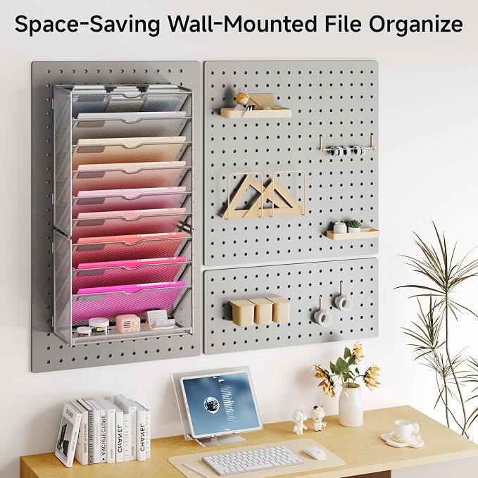 Lavatino 10-Tier Hanging Wall File Folders Organizer - Silver Metal Mesh Paper Magazine Document Mail Holder File Organizer for Office School Home Wall Mount or Desk Supplies Organization
