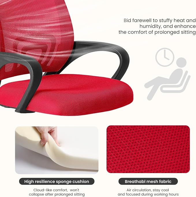 DUMOS Ergonomic Office Chair, Executive Desk Chair with Lumbar Support | Mid Back, Breathable Backrest, Fixed Armrest, Height Adjustable, 360° Swivel, Computer Gaming, Meeting, Red