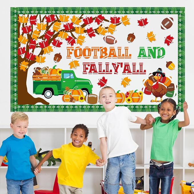Fall Thanksgiving Football Bulletin Board Set Sports Classroom Decorations Autumn Maple Leaves Pumpkin Paper Cutouts Football Bulletin Board Border for Chalkboard Classroom Door Wall Sport Supplies