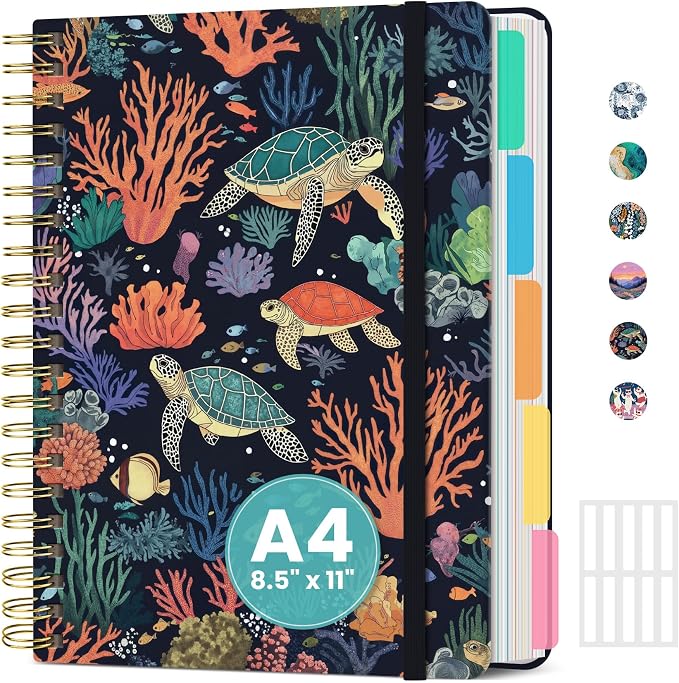 Large Spiral Notebook for Work, 8.5" x 11" Journal for Women, Cute 5 Subject Notebook with Removable Dividers & Tabs, College Ruled Lined Journal for Office and School, 280 Pages, Turtle Meeting