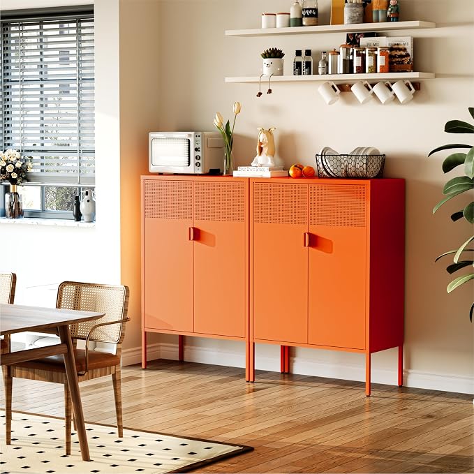 COFaR Orange Metal Storage Cabinet, 47”H Vibrant Coffee Bar & Buffet Sideboard with Adjustable Shelves, Fun Kitchen Organizer, Ventilated Steel Cabinet with Magnetic Doors for Dining Room, Office